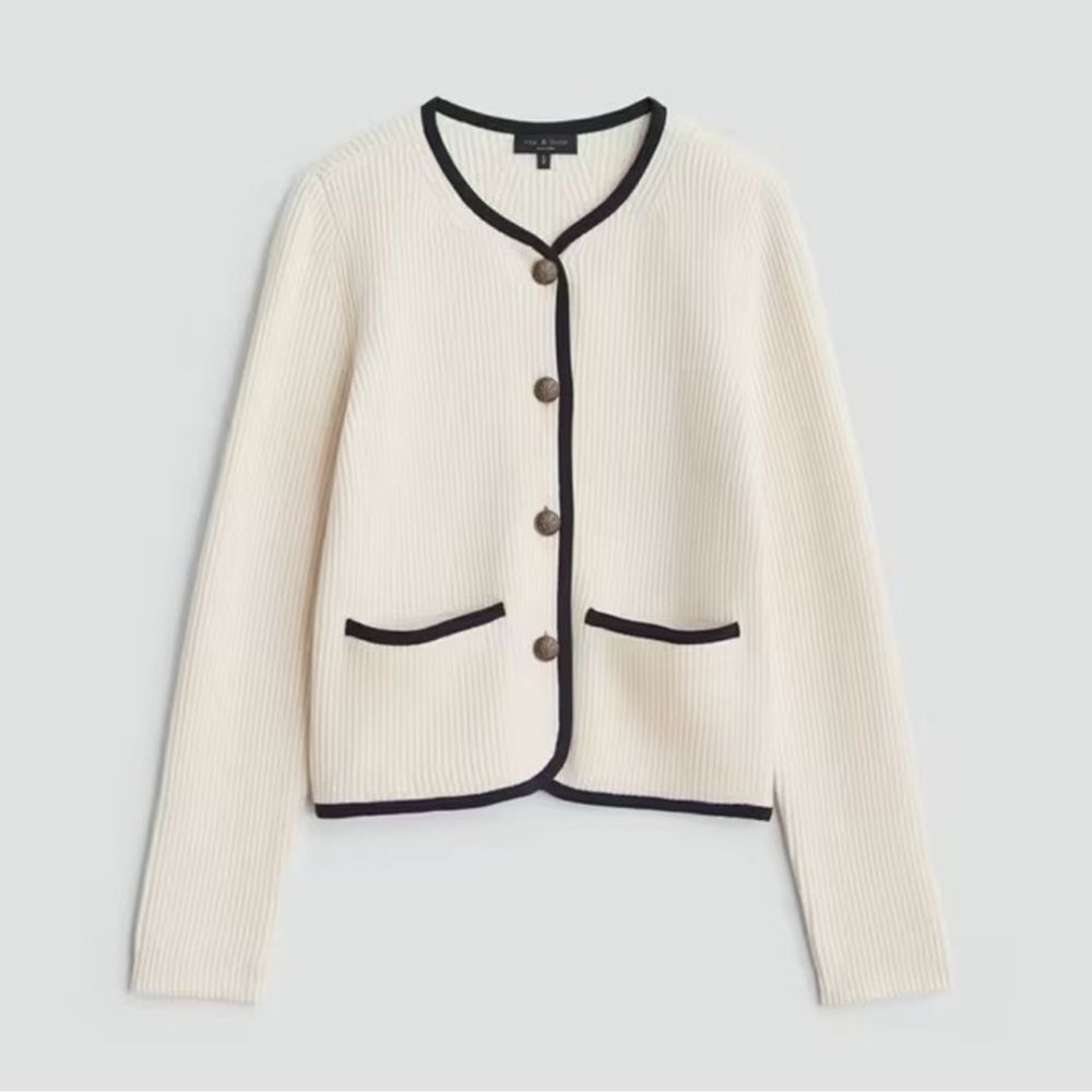 NEW rag and bone Nancy Grosgrain Trim Cardigan Cream Size Large